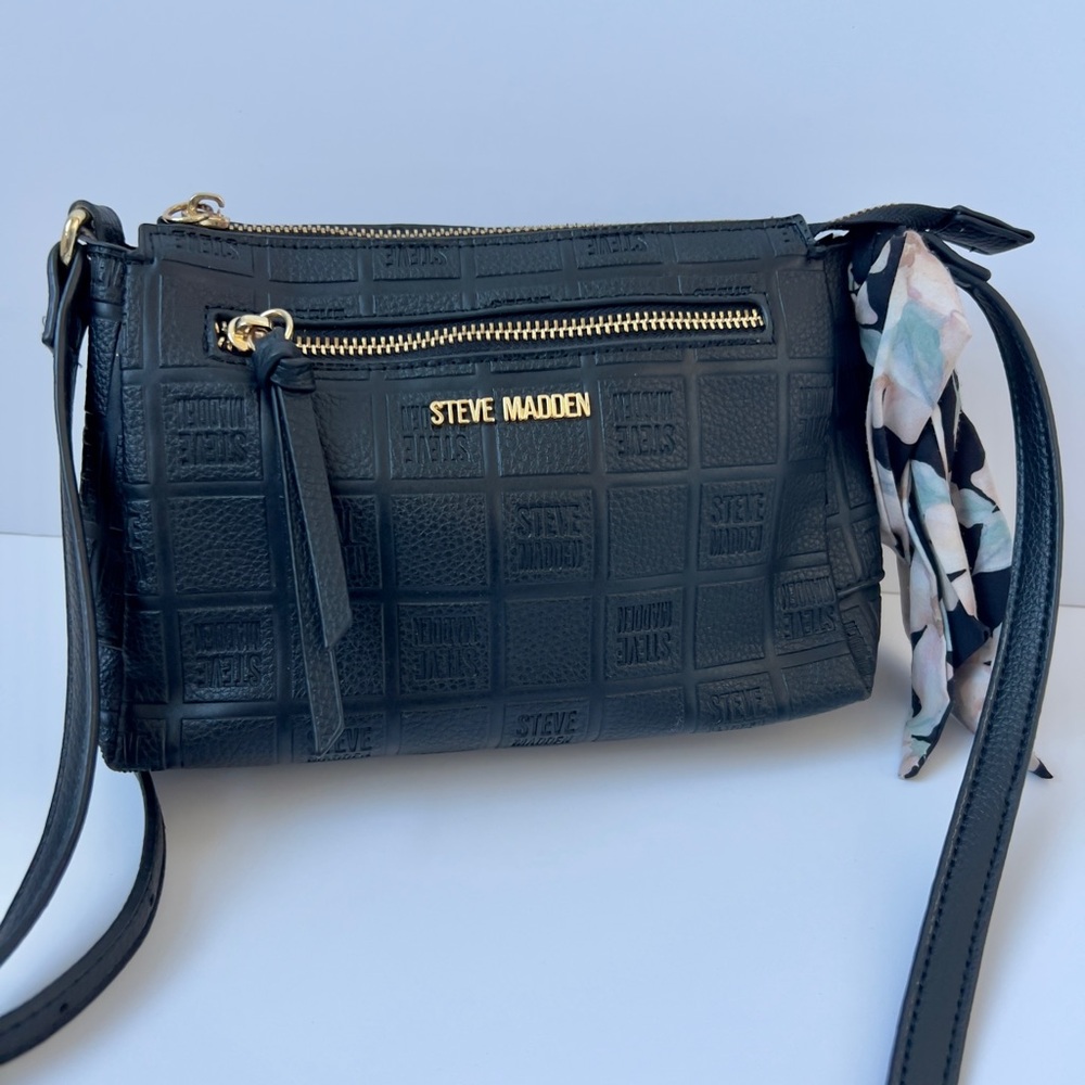 Steve Madden Embossed Black Crossbody Bag with Scarf Accent